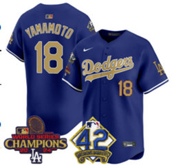 Nike Los Angeles Dodgers #18 Yoshinobu Yamamoto Blue 42 on arm Name Champions Jersey