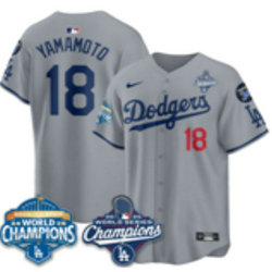 Nike Los Angeles Dodgers #18 Yoshinobu Yamamoto Gray Dodgers Gray 34 patch 2025 World Series Champions Jersey