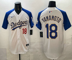 Nike Los Angeles Dodgers #18 Yoshinobu Yamamoto White Golden Character Stitched MLB Jersey