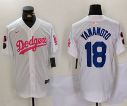 Nike Los Angeles Dodgers #18 Yoshinobu Yamamoto White Pink Joint Authentic Stitched MLB Jersey