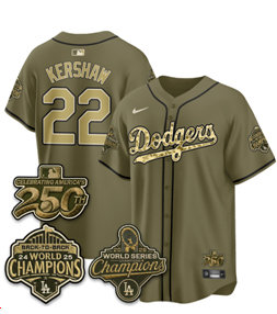 Nike Los Angeles Dodgers #22 Clayton Kershaw 250 and Champion patch Army Green MLB Jersey