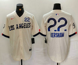 Nike Los Angeles Dodgers #22 Clayton Kershaw Cream 2024 City The number is above the name Jersey