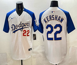 Nike Los Angeles Dodgers #22 Clayton Kershaw White blue arm Golden Character Stitched MLB Jersey