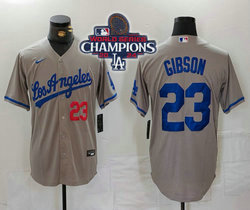 Nike Los Angeles Dodgers #23 Kirk Gibson Gray 2024 World Series Champions Game 23 front Los Angeles Authentic Stitched MLB Jersey