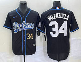 Nike Los Angeles Dodgers #34 Fernando Valenzuela Black Gold #34 Front Joint Name Game Authentic Stitched MLB Jersey