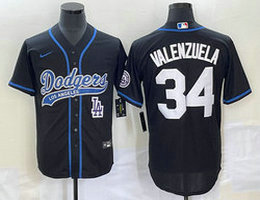 Nike Los Angeles Dodgers #34 Fernando Valenzuela Black LA Front Joint Name Game Authentic Stitched MLB Jersey