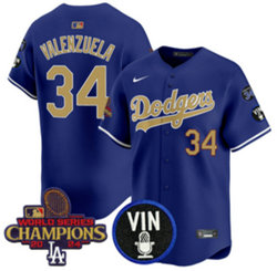 Nike Los Angeles Dodgers #34 Fernando Valenzuela Blue 34 arm Gold Name Champions Jersey