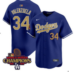 Nike Los Angeles Dodgers #34 Fernando Valenzuela Blue Gold Name Champions Jersey
