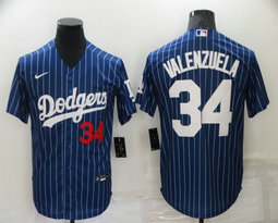 Nike Los Angeles Dodgers #34 Fernando Valenzuela Blue Red 34 front White stripe Authentic Stitched MLB jerseys