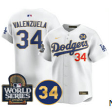 Nike Los Angeles Dodgers #34 Fernando Valenzuela White Gold with 34 patch 2024 World Series Jersey