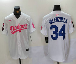 Nike Los Angeles Dodgers #34 Fernando Valenzuela White Pink Joint Authentic Stitched MLB Jersey