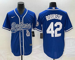 Nike Los Angeles Dodgers #42 Jackie Robinson Blue Game Team Logo front Joint Authentic Stitched MLB Jersey