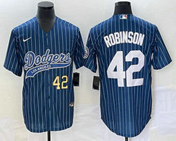 Nike Los Angeles Dodgers #42 Jackie Robinson Blue Stripe Game Gold 42 front Joint Authentic Stitched MLB Jersey