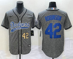 Nike Los Angeles Dodgers #42 Jackie Robinson Hemp grey Gold #42 front Joint Authentic Stitched baseball jersey