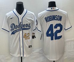 Nike Los Angeles Dodgers #42 Jackie Robinson White Gold #42 front Joint Name Game Authentic Stitched MLB Jersey