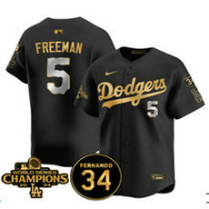 Nike Los Angeles Dodgers #5 Freddie Freeman Black Gold sleeve with 34 patch 2024 World Series Champions Jersey