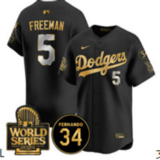 Nike Los Angeles Dodgers #5 Freddie Freeman Black Gold sleeve with 34 patch 2024 World Series Jersey