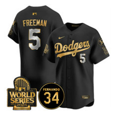 Nike Los Angeles Dodgers #5 Freddie Freeman Black Gold sleeve with 34 patch 2024 World Series Stitched MLB Jersey