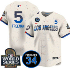 Nike Los Angeles Dodgers #5 Freddie Freeman Cream with 34 patch 2024 World Series Jersey