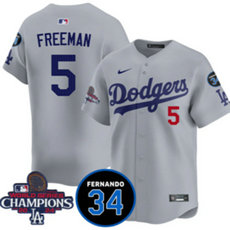 Nike Los Angeles Dodgers #5 Freddie Freeman Gray 34 patch 2024 World Series Champions Baseball Jersey