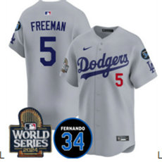 Nike Los Angeles Dodgers #5 Freddie Freeman Gray sleeve with 34 patch 2024 World Series Stitched MLB Jersey