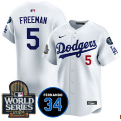 Nike Los Angeles Dodgers #5 Freddie Freeman White 34 patch 2024 World Series Baseball Jersey