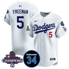 Nike Los Angeles Dodgers #5 Freddie Freeman White 34 patch 2024 World Series Champions Baseball Jersey