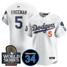 Nike Los Angeles Dodgers #5 Freddie Freeman White Gold sleeve with 34 patch 2024 World Series Jersey