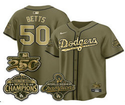 Nike Los Angeles Dodgers #50 Mookie Betts 250 and Champion patch Army Green MLB Jersey