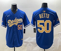 Nike Los Angeles Dodgers #50 Mookie Betts Blue Gold Name Champions MLB Jersey