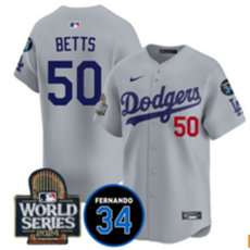 Nike Los Angeles Dodgers #50 Mookie Betts Gray sleeve with 34 patch 2024 World Series Stitched MLB Jersey