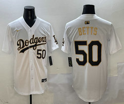Nike Los Angeles Dodgers #50 Mookie Betts White Champions Gold name Jersey