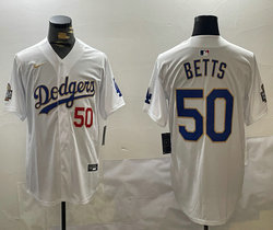 Nike Los Angeles Dodgers #50 Mookie Betts White Gold 2024 World Series Jersey