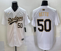 Nike Los Angeles Dodgers #50 Mookie Betts White Gold Name MLB Jersey