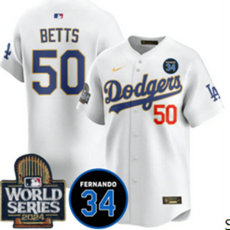 Nike Los Angeles Dodgers #50 Mookie Betts White Gold with 34 patch 2024 World Series Jersey