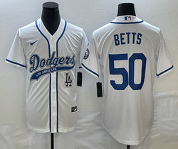 Nike Los Angeles Dodgers #50 Mookie Betts White LA Front Joint Name Game Authentic Stitched MLB Jersey