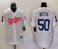 Nike Los Angeles Dodgers #50 Mookie Betts White Pink Joint Authentic Stitched MLB Jersey
