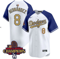 Nike Los Angeles Dodgers #8 Enrique Hernandez White Blue arm Gold Name Champions Jersey