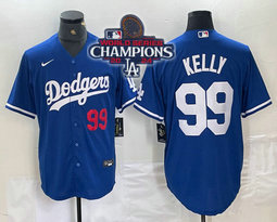 Nike Los Angeles Dodgers #99 Joe Kelly Blue 2024 World Series Champions Game #99 in front Authentic Stitched MLB Jersey
