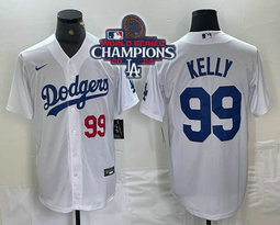 Nike Los Angeles Dodgers #99 Joe Kelly White 2024 World Series Champions Game #99 in front Authentic Stitched MLB Jersey