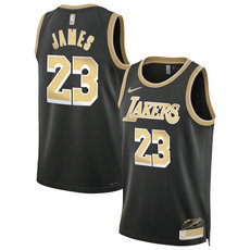 Jordon Los Angeles Lakers #23 Lebron James 2024 Black Gold Authentic Stitched NBA Jersey