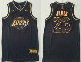 Nike Los Angeles Lakers #23 Lebron James Black Gold Game With Advertising patch Authentic Stitched NBA Jersey