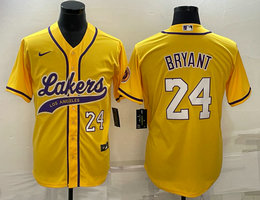 Nike Los Angeles Lakers #24 Kobe Bryant Gold White 24 in front baseball jersey