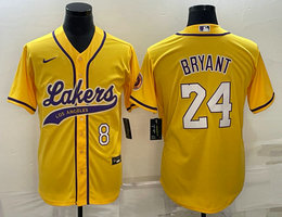 Nike Los Angeles Lakers #24 Kobe Bryant Gold White 8 in front baseball jersey