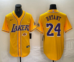 Nike Los Angeles Lakers #24 Kobe Bryant Gold logo on front Game Authentic Stitched baseball Jersey
