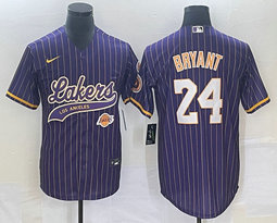 Nike Los Angeles Lakers #24 Kobe Bryant Purple Stripe Team Logo on front baseball jersey