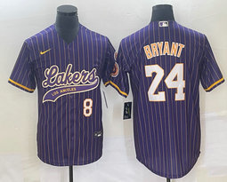 Nike Los Angeles Lakers #24 Kobe Bryant Purple Stripe White 8 in front baseball jersey