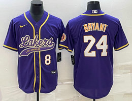 Nike Los Angeles Lakers #24 Kobe Bryant Purple White 8 in front baseball jersey