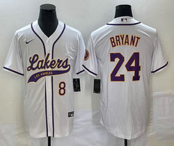 Nike Los Angeles Lakers #24 Kobe Bryant White Purple 8 in front baseball jersey