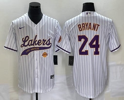 Nike Los Angeles Lakers #24 Kobe Bryant White Stripe Joint Team Logo on front baseball jersey